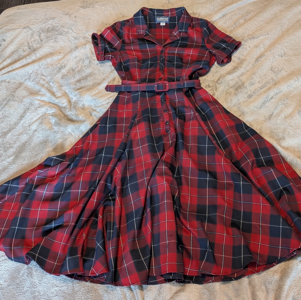 Modcloth X Collectif Caterina/Cherished Era Red Plaid Shirtdress